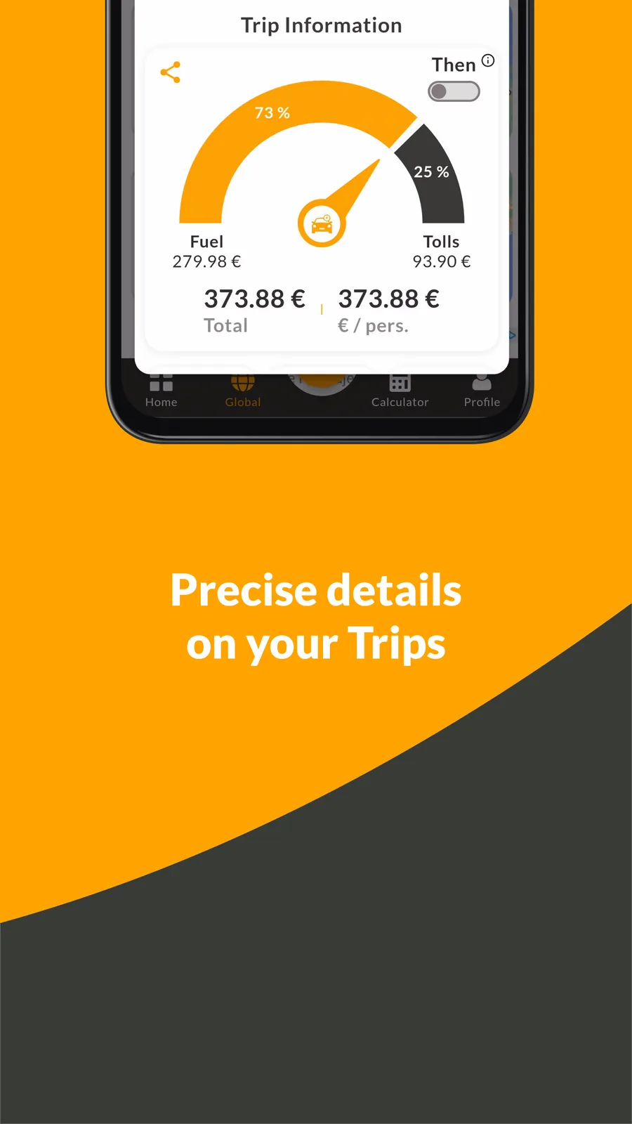 Dyvide trip information and fuel-versus-toll breakdown