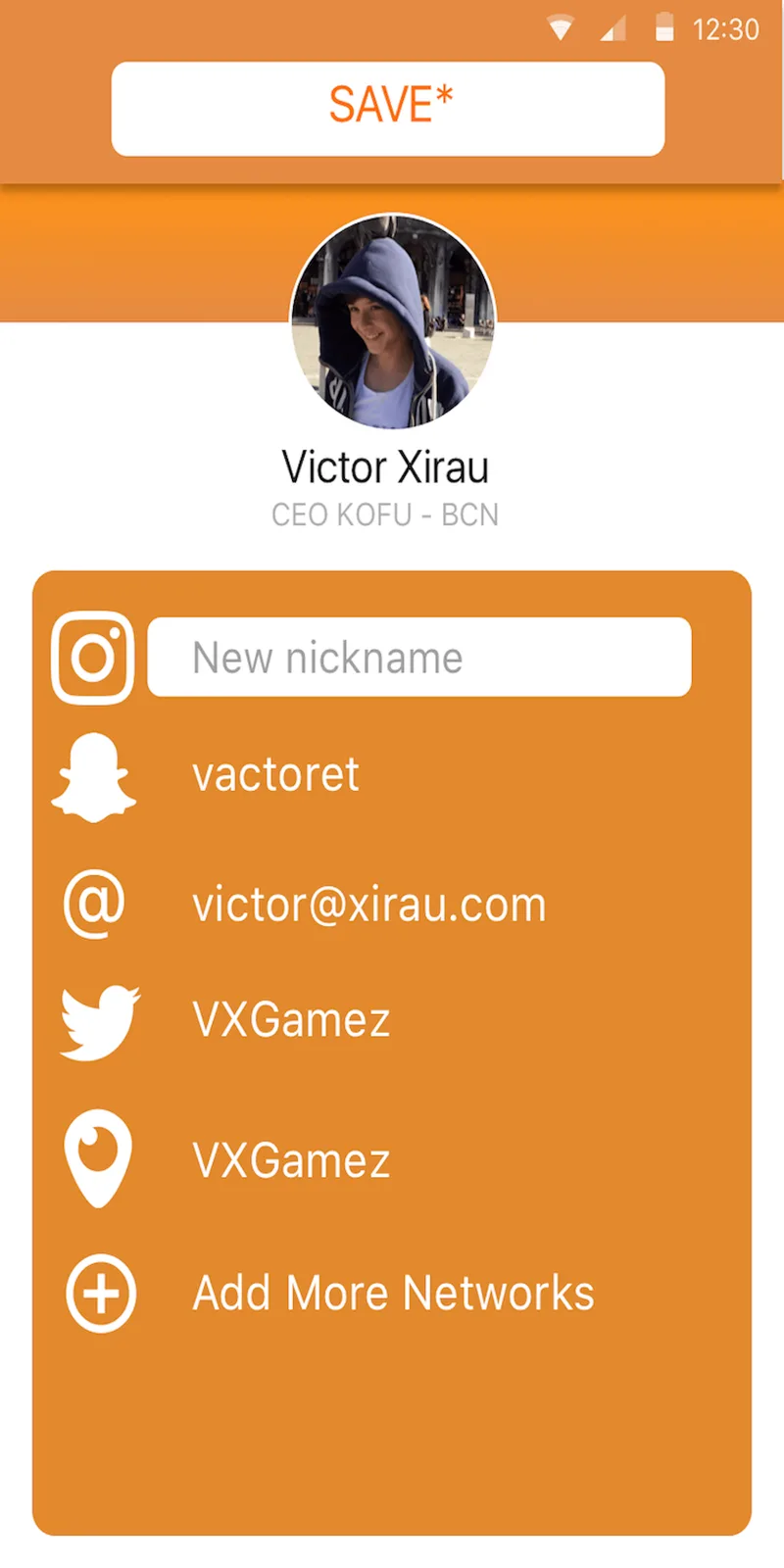 Kofu onboarding or account setup screen
