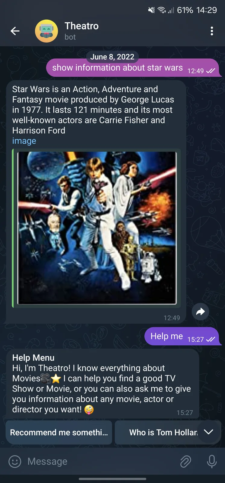 Theatro Telegram bot conversation screen